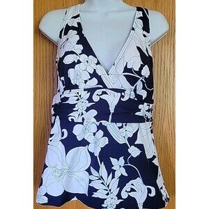 Swim Top Navy MED Plunge Deep V-Neck Floral Womens Adjustable Lands End S515